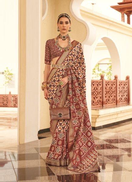 Brown Soft Silk Printed Saree For Traditional / Religious Occasions