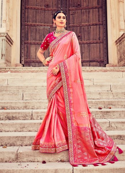 Pink Dola Silk Embroidered Saree For Traditional / Religious Occasions