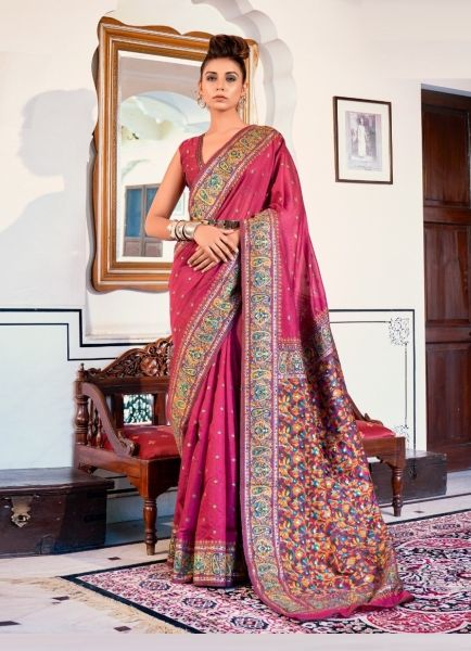 Dark Pink Kashmiri Modal Weaving Festive-Wear Saree