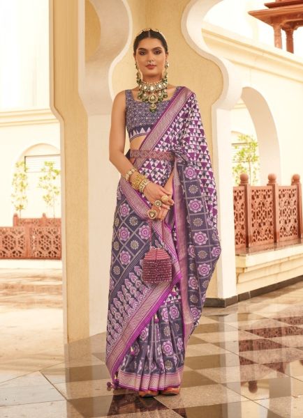 Violet Soft Silk Printed Saree For Traditional / Religious Occasions