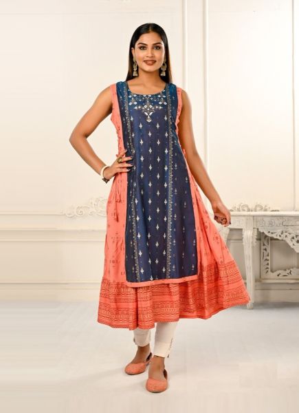 Navy Blue & Salmon Cotton Printed Party-Wear Readymade Anarkali Kurti [With Chanderi Shrug]