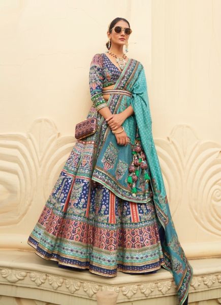 Royal Blue Rajwadi Silk Printed Wedding-Wear Stylish Lehenga Choli With Belt