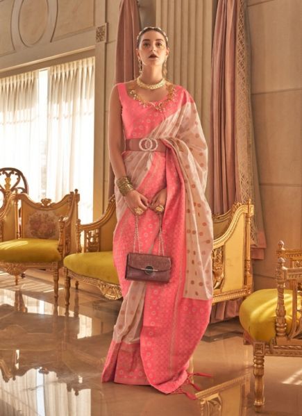 Beige & Light Red Silk Saree With Copper Zari Weaving