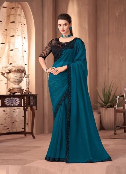 Teal Blue Silk Embroidered Party-Wear Boutique-Style Saree