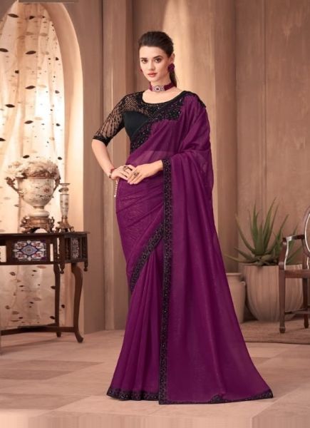 Purple Silk Embroidered Party-Wear Boutique-Style Saree