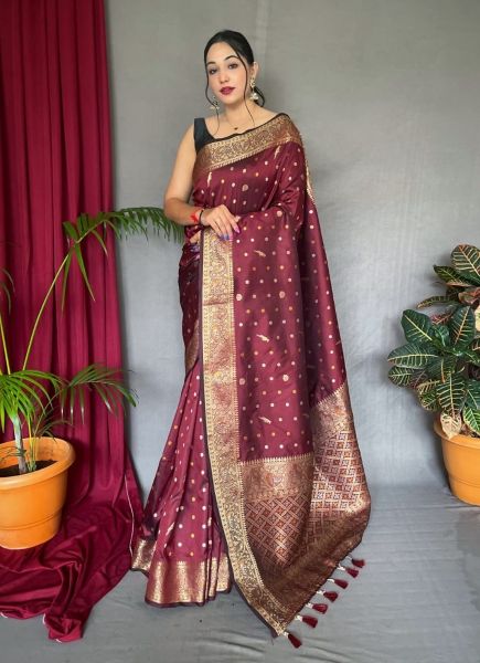 Maroon Weaving Festive-Wear Jari Silk Saree