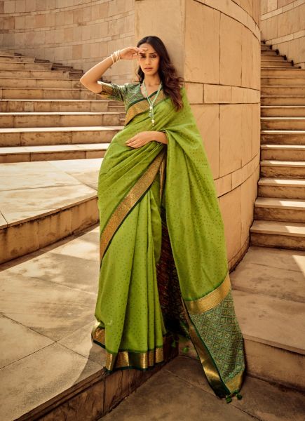 Parrot Green Handloom Silk Saree With Patola Bandhani Prints