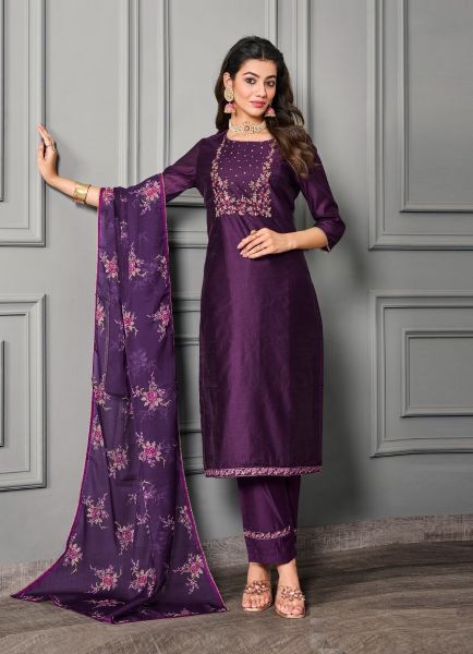 Purple Silk Cotton Handwork Party-Wear Pant-Bottom Readymade Salwar Kameez