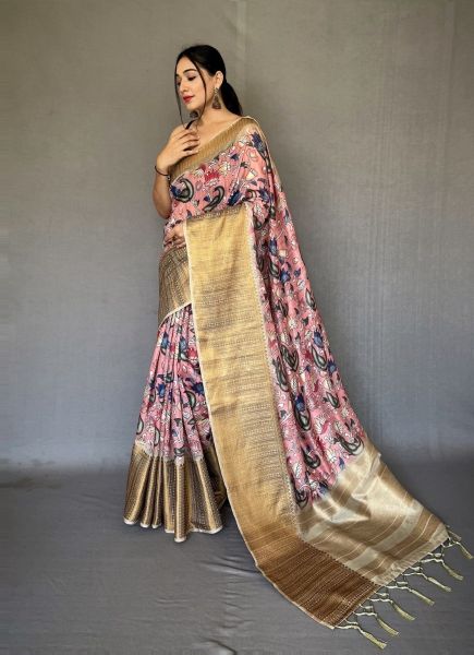 Pink Cotton Linen Saree With Kalamkari Prints