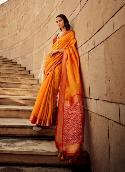 Orange Handloom Silk Saree With Patola Bandhani Prints