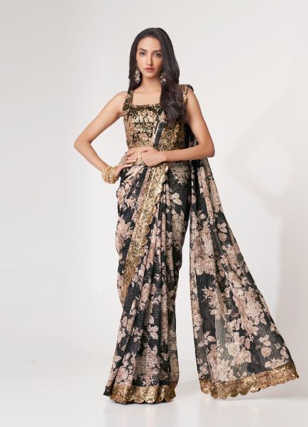 Black Organza Digitally Printed Party-Wear Saree With Sequins-Work