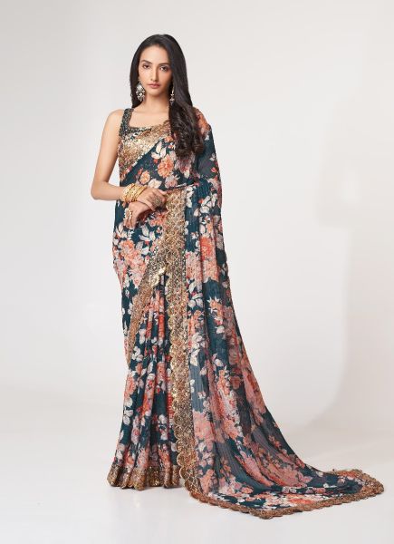 Sea Blue Organza Digitally Printed Party-Wear Saree With Sequins-Work