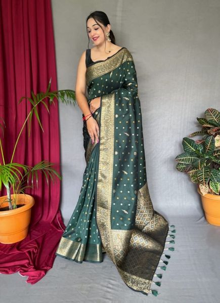 Dark Green Weaving Festive-Wear Jari Silk Saree