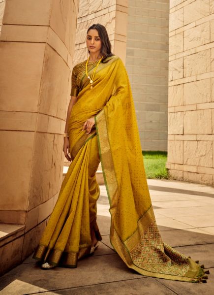 Yellow Handloom Silk Saree With Patola Bandhani Prints