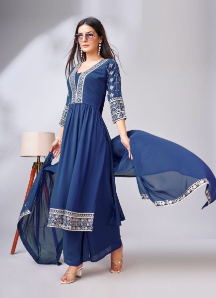 Royal Blue Georgette Schiffli-Work Festive-Wear Readymade Salwar Kameez