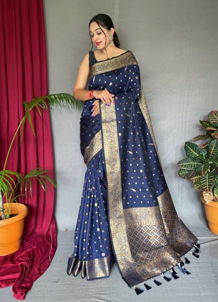 Dark Blue Weaving Festive-Wear Jari Silk Saree