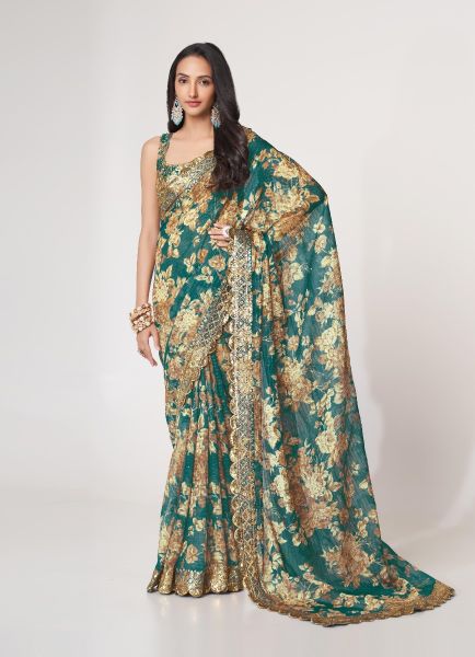 Teal Blue Organza Digitally Printed Party-Wear Saree With Sequins-Work