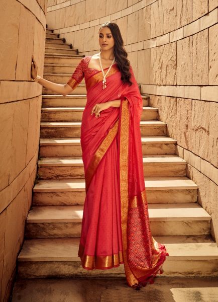 Red Handloom Silk Saree With Patola Bandhani Prints
