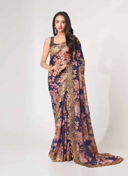 Violet Organza Digitally Printed Party-Wear Saree With Sequins-Work