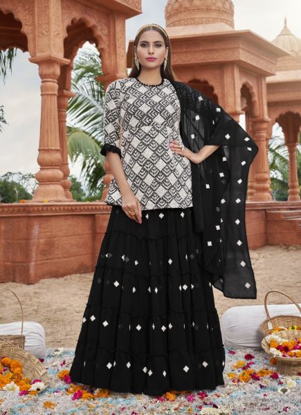 Black & White Faux Georgette Embroidered Ramadan-Special Lehenga-Bottom Readymade Salwar Kameez