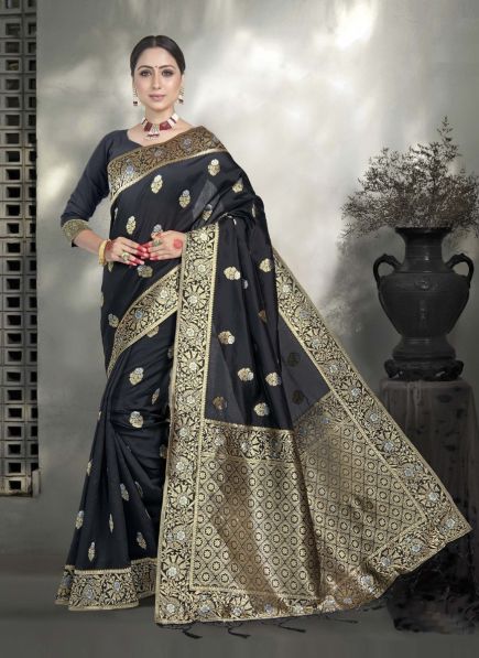 Black Kanjivaram Art Silk Weaving Festive-Wear Saree