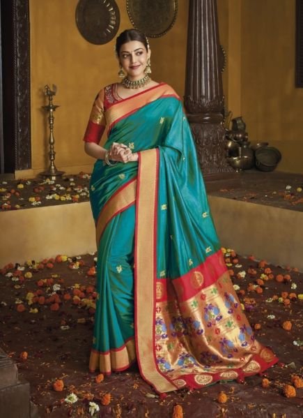 Teal Blue Silk With Embroidery & Weaving Party-Wear Paithani Silk Saree [Kajal Aggarwal Collection]