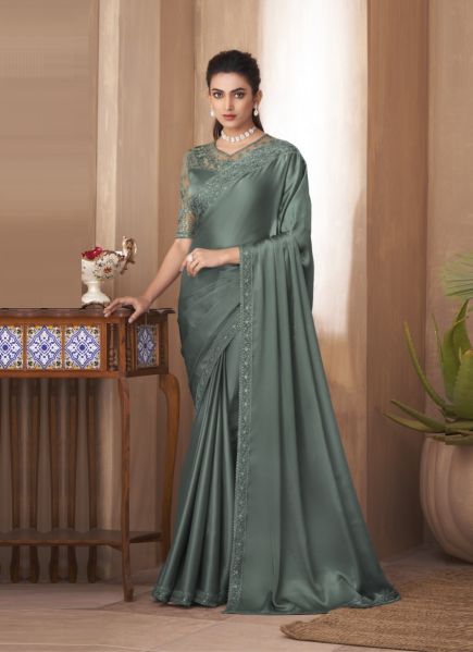 Mint Blue Silk Embroidered Party-Wear Saree