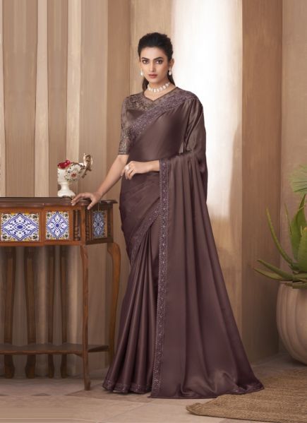 Dark Mauve Brown Silk Embroidered Party-Wear Saree
