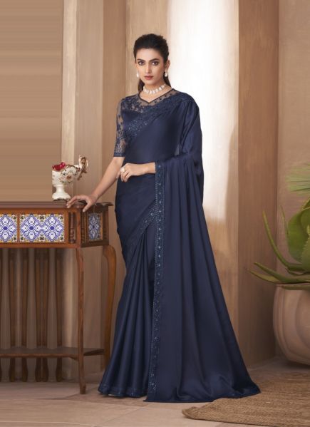 Blue Silk Embroidered Party-Wear Saree