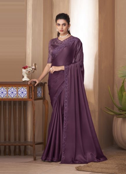Light Wine Silk Embroidered Party-Wear Saree