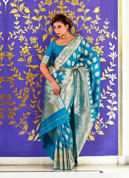 Aqua Blue Banarasi Silk Weaving Festive-Wear Saree