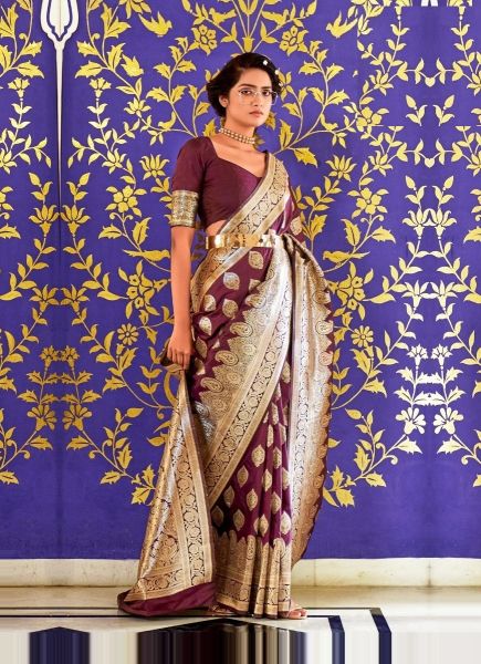 Wine Banarasi Silk Weaving Festive-Wear Saree