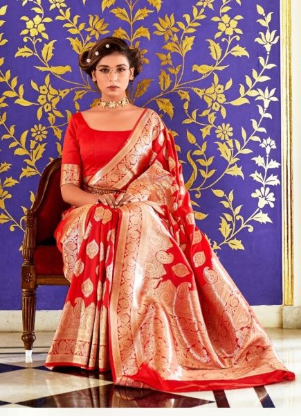 Red Banarasi Silk Weaving Festive-Wear Saree