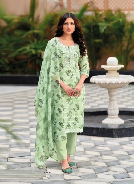 Light Green Linen Office-Wear Straight-Cut Readymade Salwar Kameez