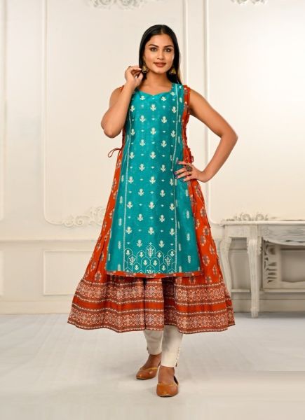 Aqua & Orange Cotton Printed Party-Wear Readymade Anarkali Kurti [With Chanderi Shrug]