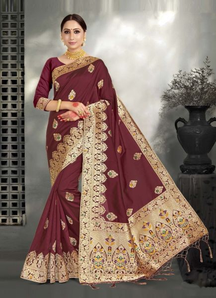 Maroon Kanjivaram Art Silk Weaving Festive-Wear Saree