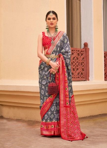 Gray & Red Patola Silk Printed Saree For Traditional / Religious Occasions