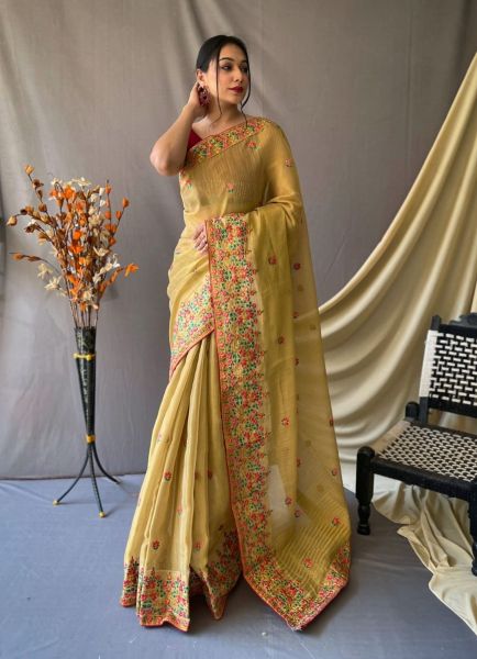 Yellow Tussar Silk Thread-Work Festive-Wear Saree