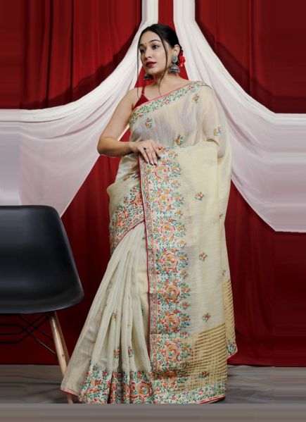 Bone White Tussar Silk Thread-Work Festive-Wear Saree