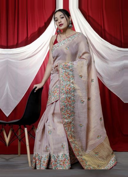 Light Lilac Tussar Silk Thread-Work Festive-Wear Saree
