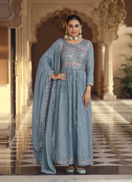 Steel Blue Georgette Embroidered Party-Wear Readymade Gown With Dupatta