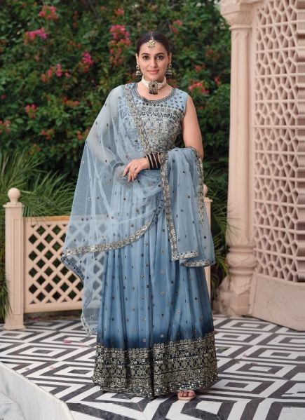 Steel Blue Georgette Embroidered Party-Wear Readymade Lehenga Choli