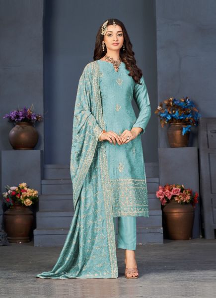 Sky Blue Dola Silk With Diamond & Stone-Work Salwar Kameez