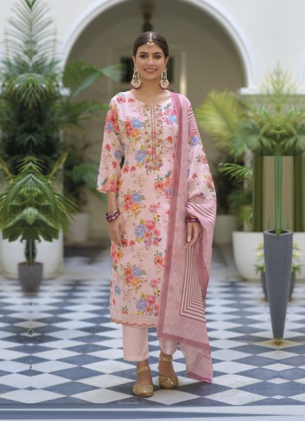 Light Pink Heavy Linen With Multiwork Summer-Wear Pant-Bottom Readymade Salwar Kameez