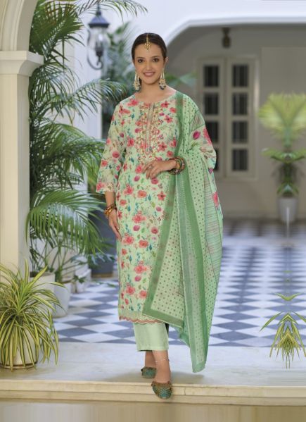 Light Green Heavy Linen With Multiwork Summer-Wear Pant-Bottom Readymade Salwar Kameez