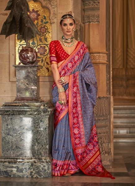 Blue & Red Printed Banarasi Patola Silk Saree
