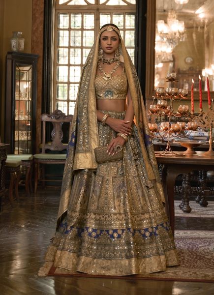 Gray & Light Brown Rajwadi Silk With Sparkle & Handwork Wedding-Wear Bridal Lehenga Choli