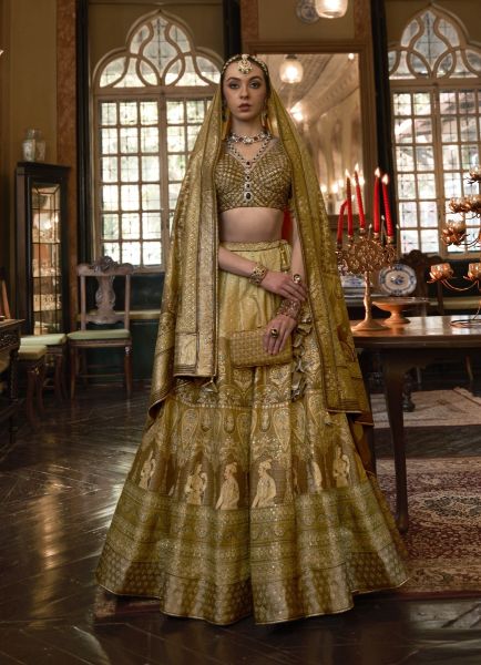 Golden Brown Rajwadi Silk With Sparkle & Handwork Wedding-Wear Bridal Lehenga Choli