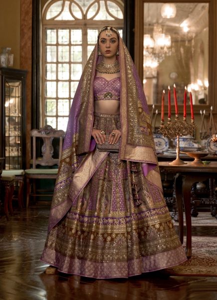 Violet Rajwadi Silk With Sparkle & Handwork Wedding-Wear Bridal Lehenga Choli