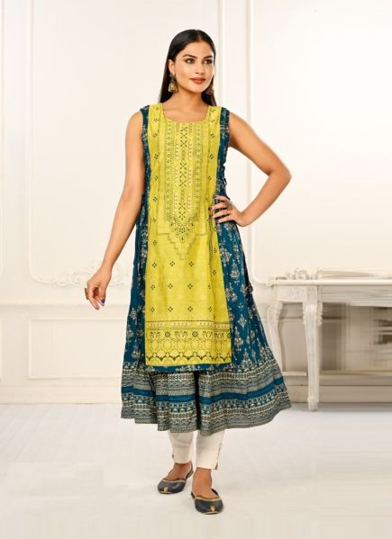 Lemon Green & Sea Blue Cotton Printed Party-Wear Readymade Anarkali Kurti [With Chanderi Shrug]